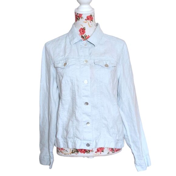 Charter Club Sz L 100% Linen Pale Blue Short Jacket Beach Tropical Lagenlook EUC - Picture 1 of 10